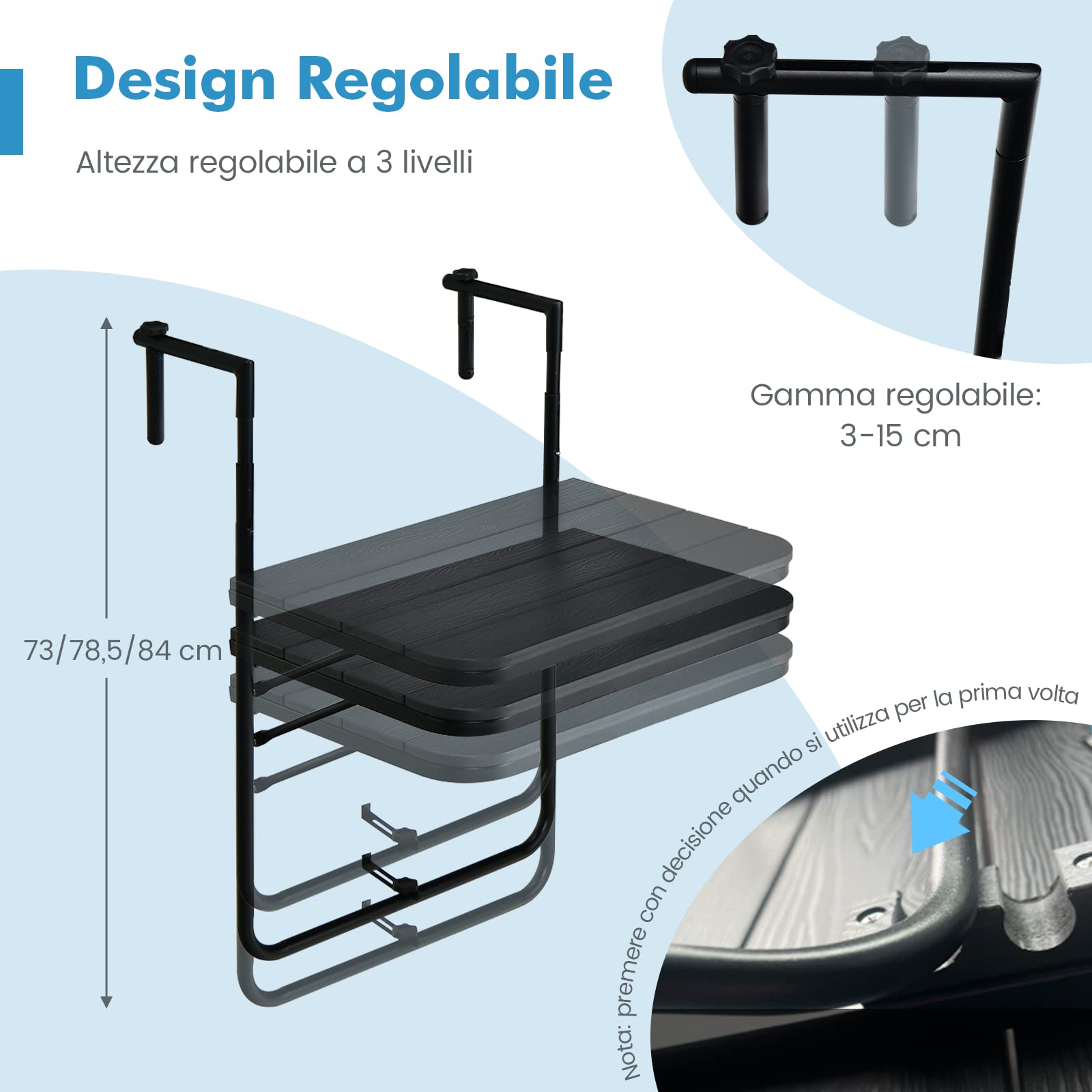 GYMAX Tavolino da Appendere al Balcone, Tavolino Sospeso Pieghevole e Regolabile in Altezza, Resistente alle Intemperie e Senza Ruggine per Ringhiere del Balcone, fino a 30 kg, 60×62,5×84 cm (Nero)