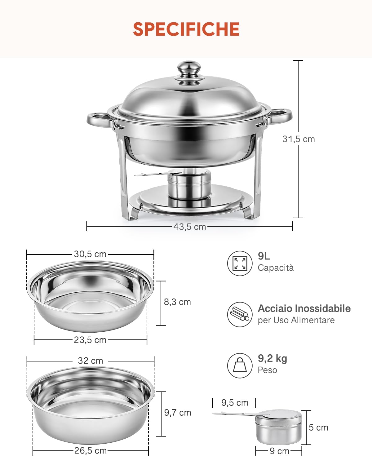 Wilprep 5L Chafing Dish Buffet Rotondo Scaldavivande Rotondo in Acciaio Inox Contenitore Vassoio di Riscaldamento con Coperchi Pentole per Servire per Catering Ristoranti Feste Matrimoni (4 Pezzi)