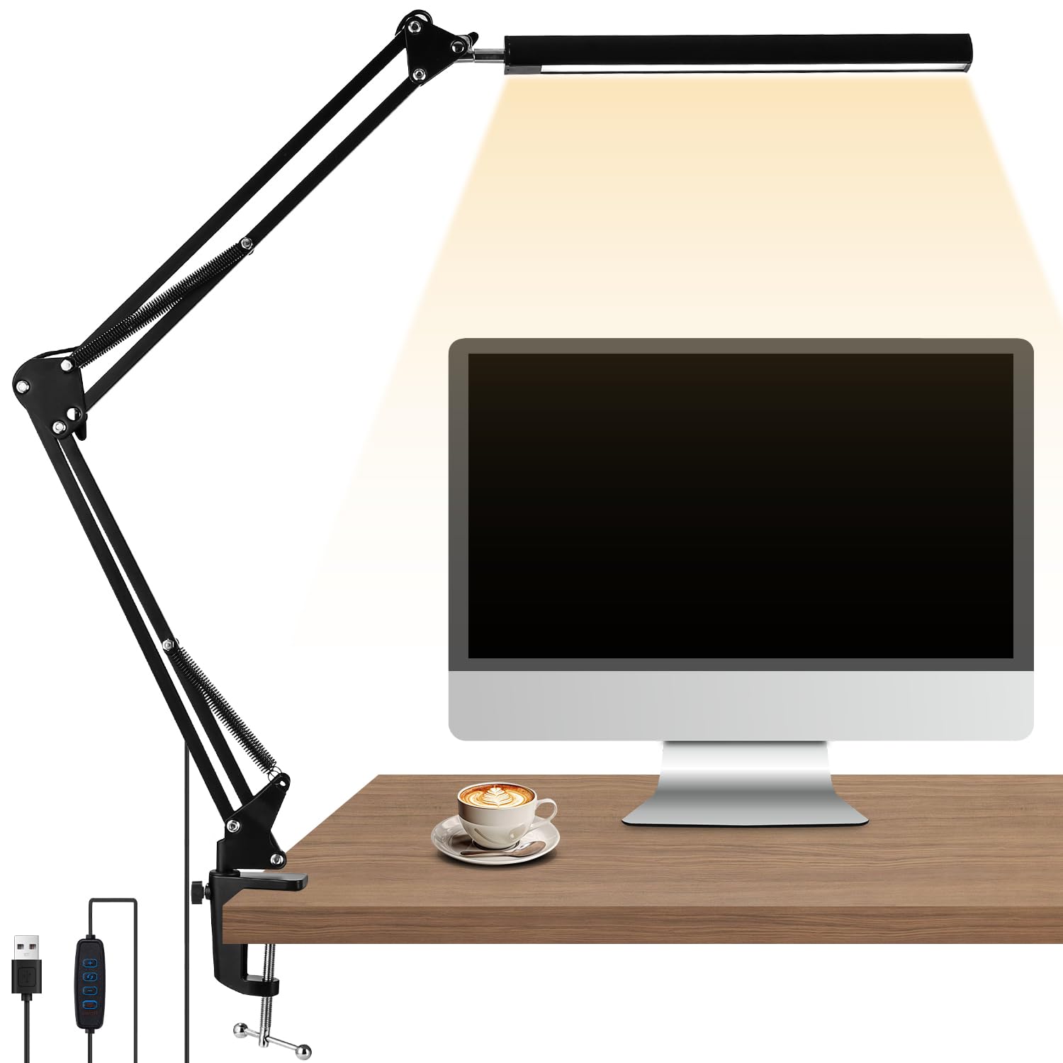Lampa biurkowa LED Zaxiva z 3 temperaturami barwowymi, 10 poziomami jasności, regulowanym ramieniem i klipsem, idealna do czytania, pracy, nauki, makijażu oraz codziennego użytku w domu i biurze.