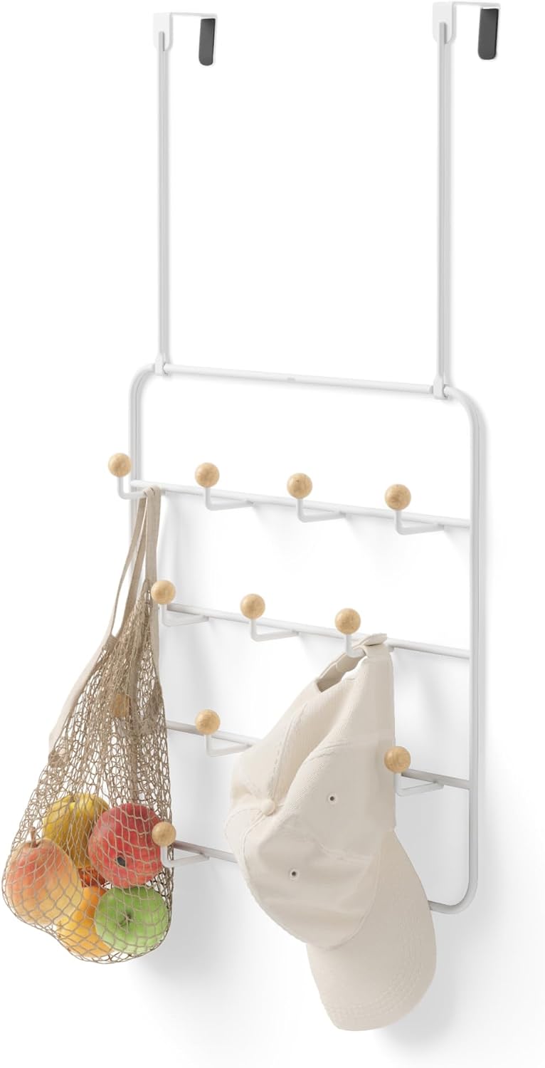 Umbra Estique Over The Door Coat Rack & Multi-Use Organizer, For Coats, Bags, Hats & More, White/Natural White Large