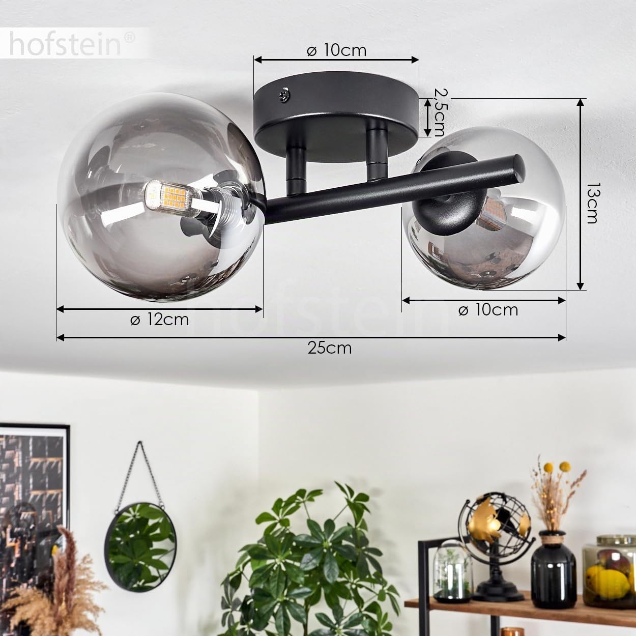 Lampadario Chehalis, lampada da soffitto in metallo/vetro in nero/fumé/chiaro, illuminazione dal design moderno retrò/vintage con paralume in vetro (Ø 10 cm, 12 cm), 2 x G9, senza lampadine