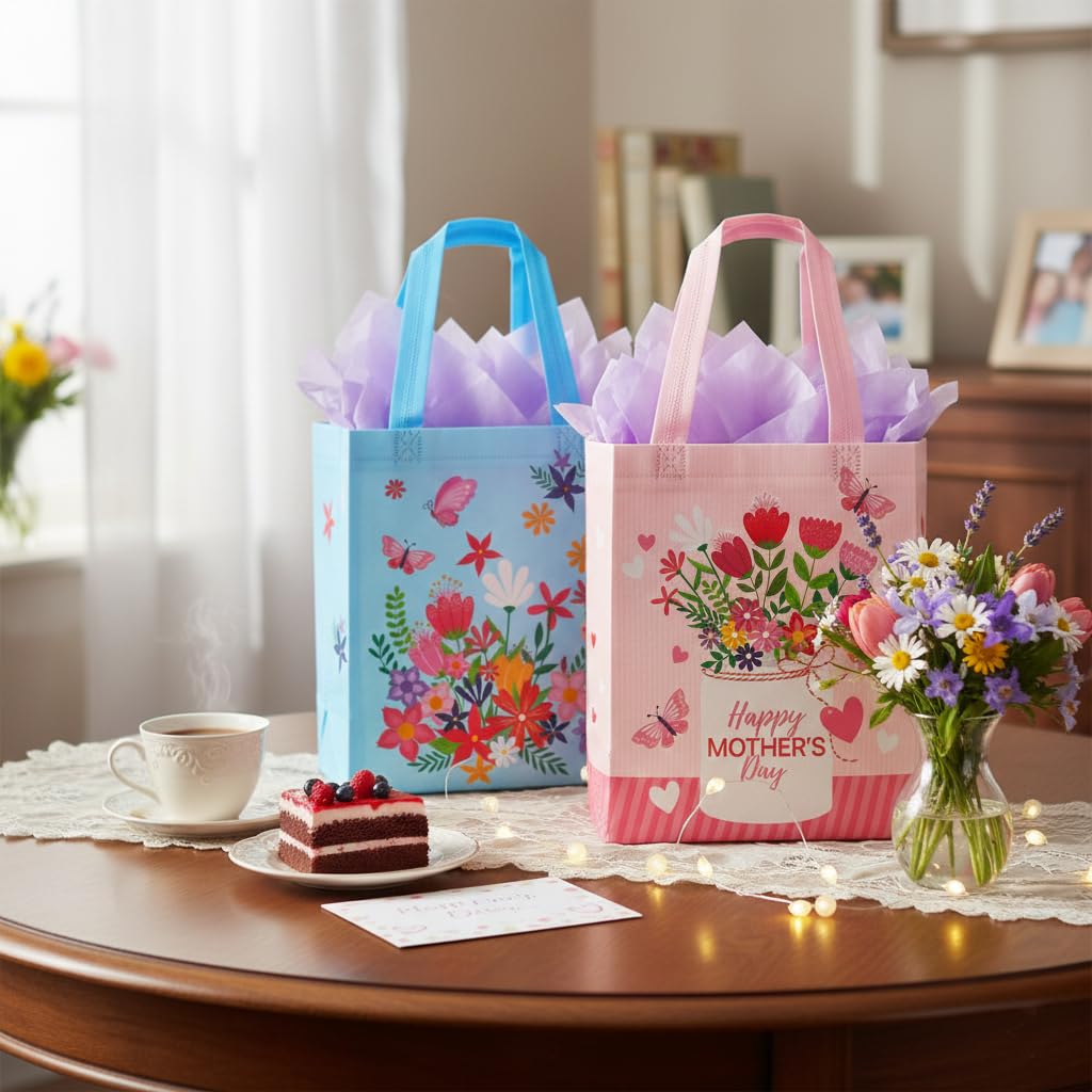 SUNCOLOR Mother's Day Gift Bags with Tissue Paper, Floral Design Non-Woven Material, 10x8x4.7 Inches, Pink and Blue, 2 Pack
