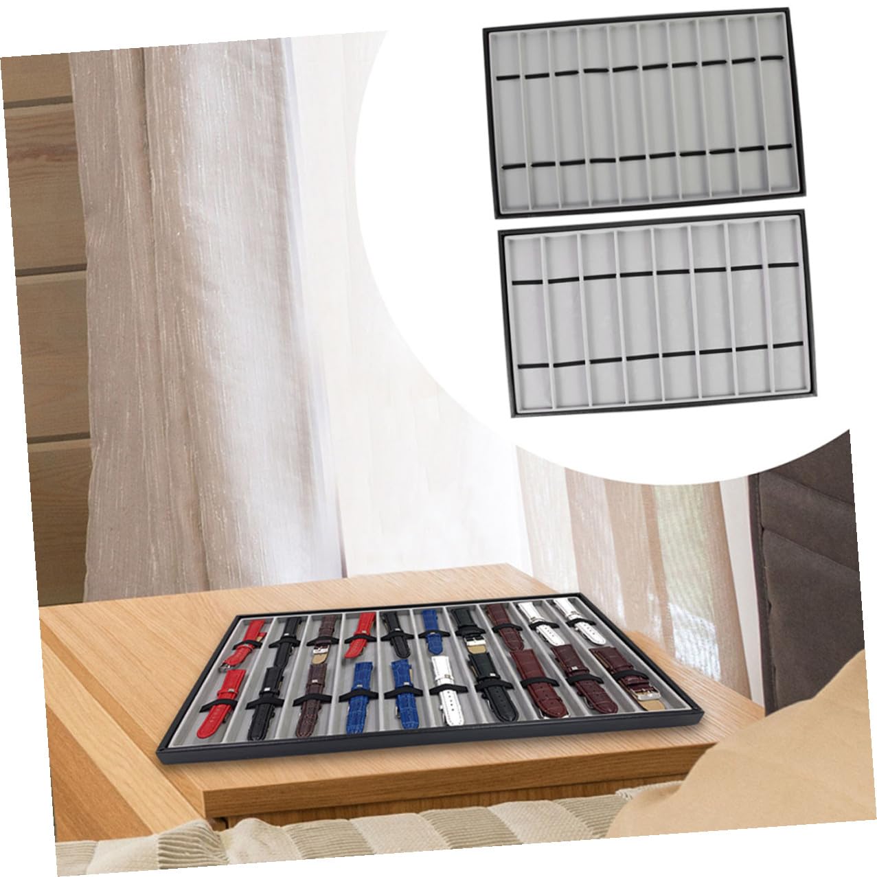 Hohopeti Bandeja de Almacenamiento Rectangular en Mdf y Cuero Negro 2 Piezas Multifuncional para Correas de Reloj para Uso Hogar