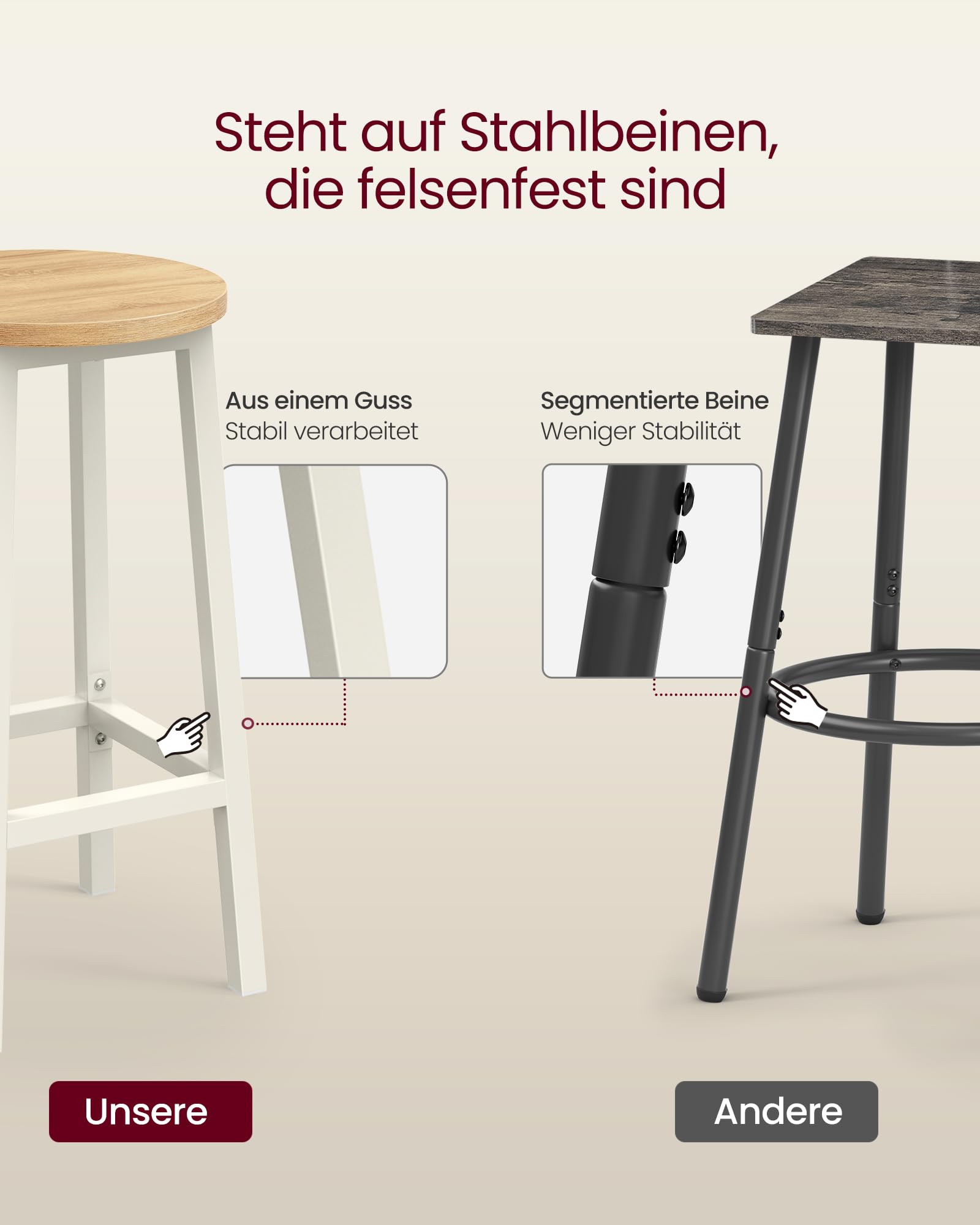 VASAGLE Barhocker, 2er Set, Barstühle, Küchenstühle mit Metallgestell, einfache Montage, 65 cm hoch, mit Fußstütze, für Küche, Wohnzimmer, Esszimmer, eichenbeige-weiß LBC032W09