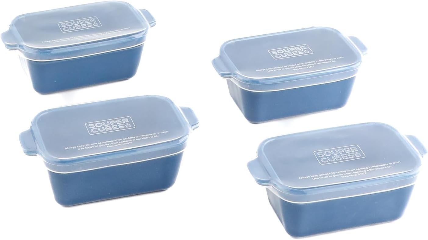 Souper Cubes Stoneware 2.0-5" x 3" Baking Dishes for Oven, Made in USA, Premium Mini Ceramic Baking Dishes with Silicone Covers for Individual Portions, Set of 4 - Blueberry