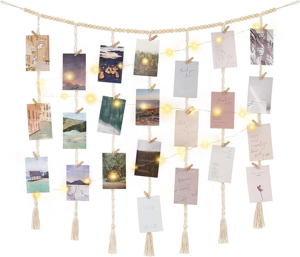 Bringsine Macrame Hanging Photo Display Wall Decor with String Lights, Boho Wooden Beads Garland Collage Picture Card Frame Holder with 30 Clips for Bedroom Living Room Dorm, Teen Girl Teenage Gifts