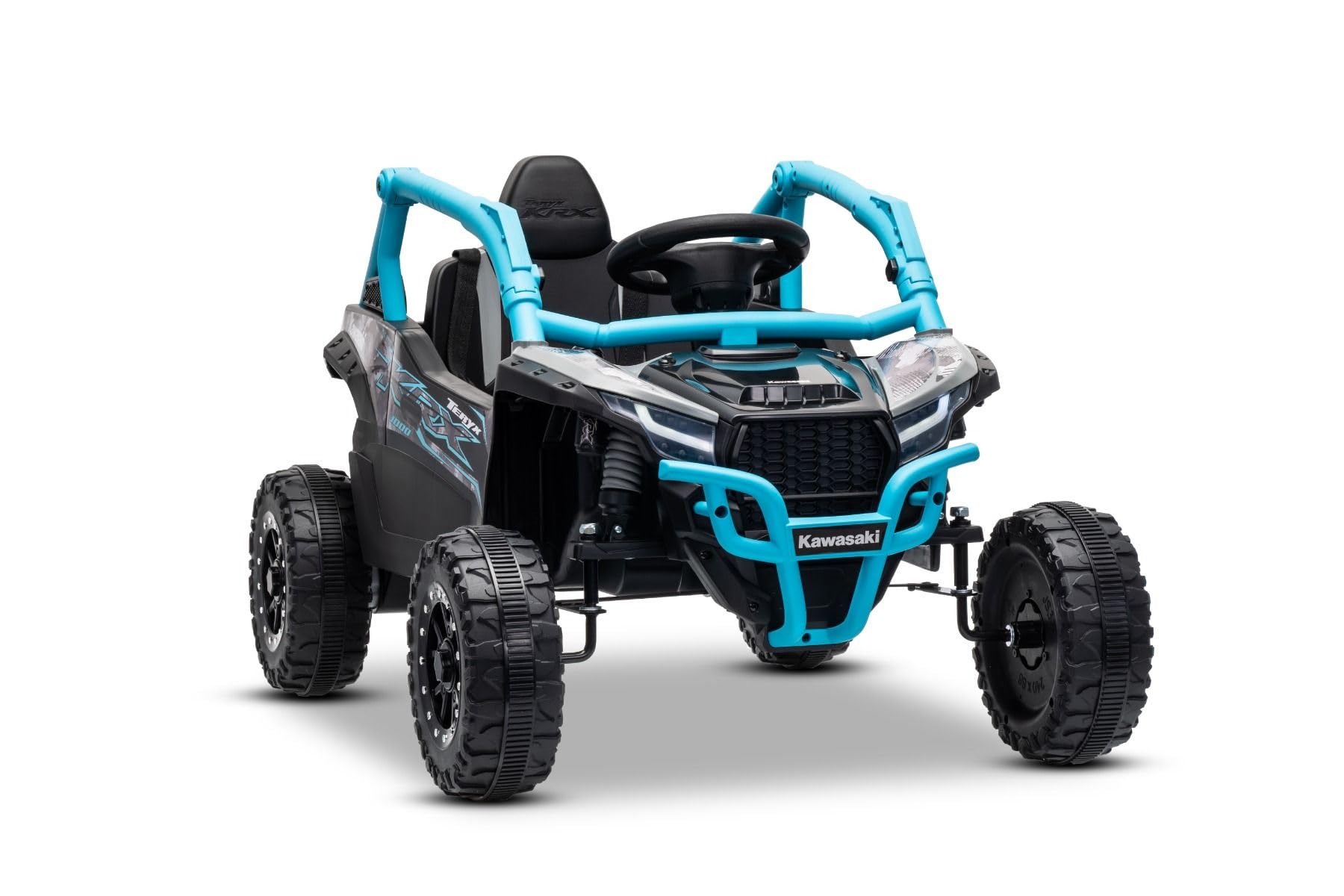 Kawasaki TERYX KRX 1000 12 V elektryczny samochód dziecięcy niebieski jednoosobowy zawieszenie tylnej osi, pilot zdalnego sterowania 2,4 GHz, akumulator litowy, 2 silniki 25 W, otwierane ramy ochronne