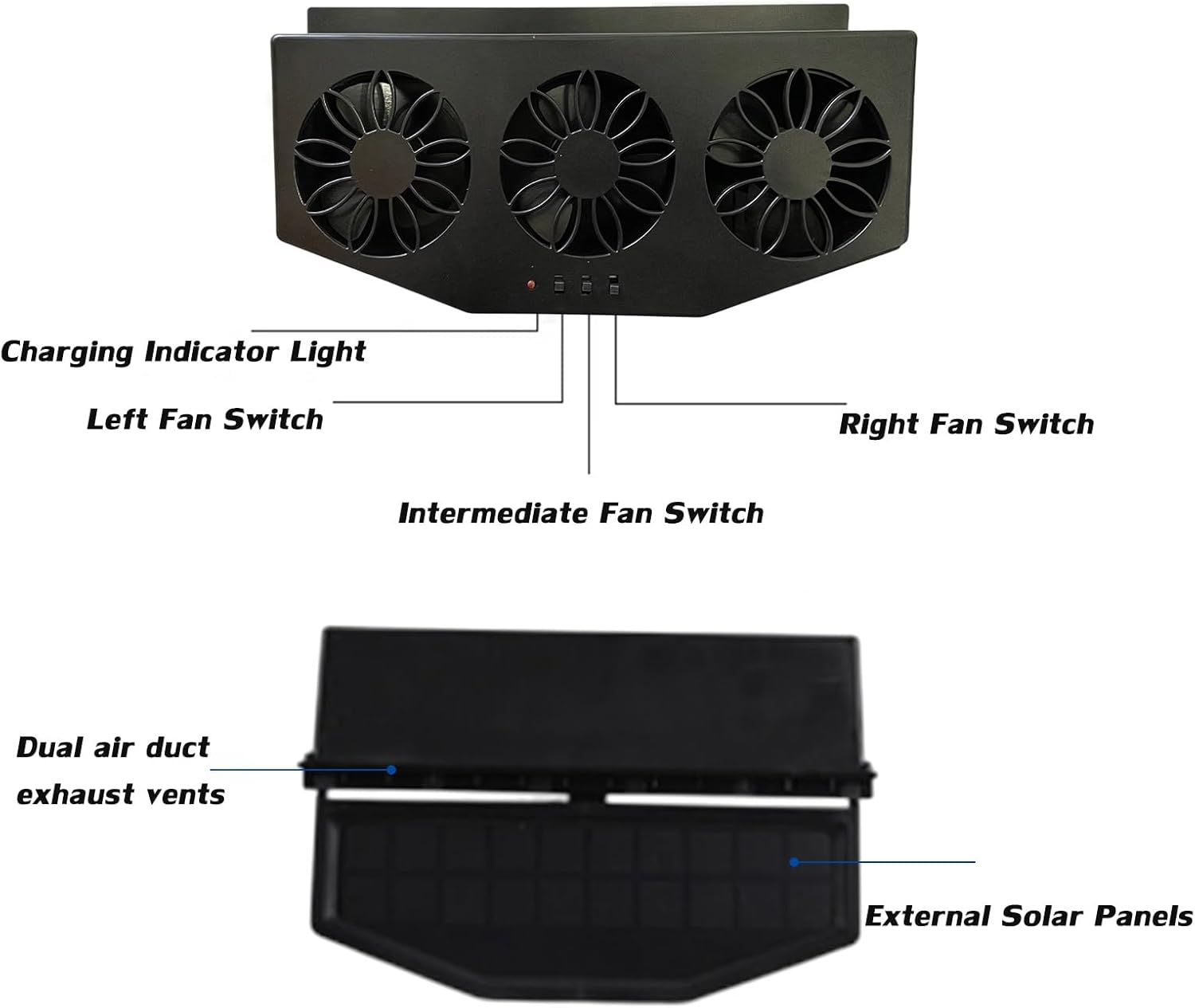 Car Solar Powered Exhaust Fan Vehicle Window Exhaust Fans Auto Ventilation Radiator Cooling Fan with 3 Air Outlets Car Vent Cooler (Black)
