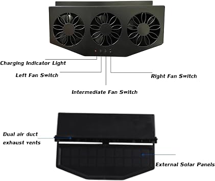Car Solar Powered Exhaust Fan Vehicle Window Exhaust Fans Auto Ventilation Radiator Cooling Fan with 3 Air Outlets Car Vent Cooler (Black)