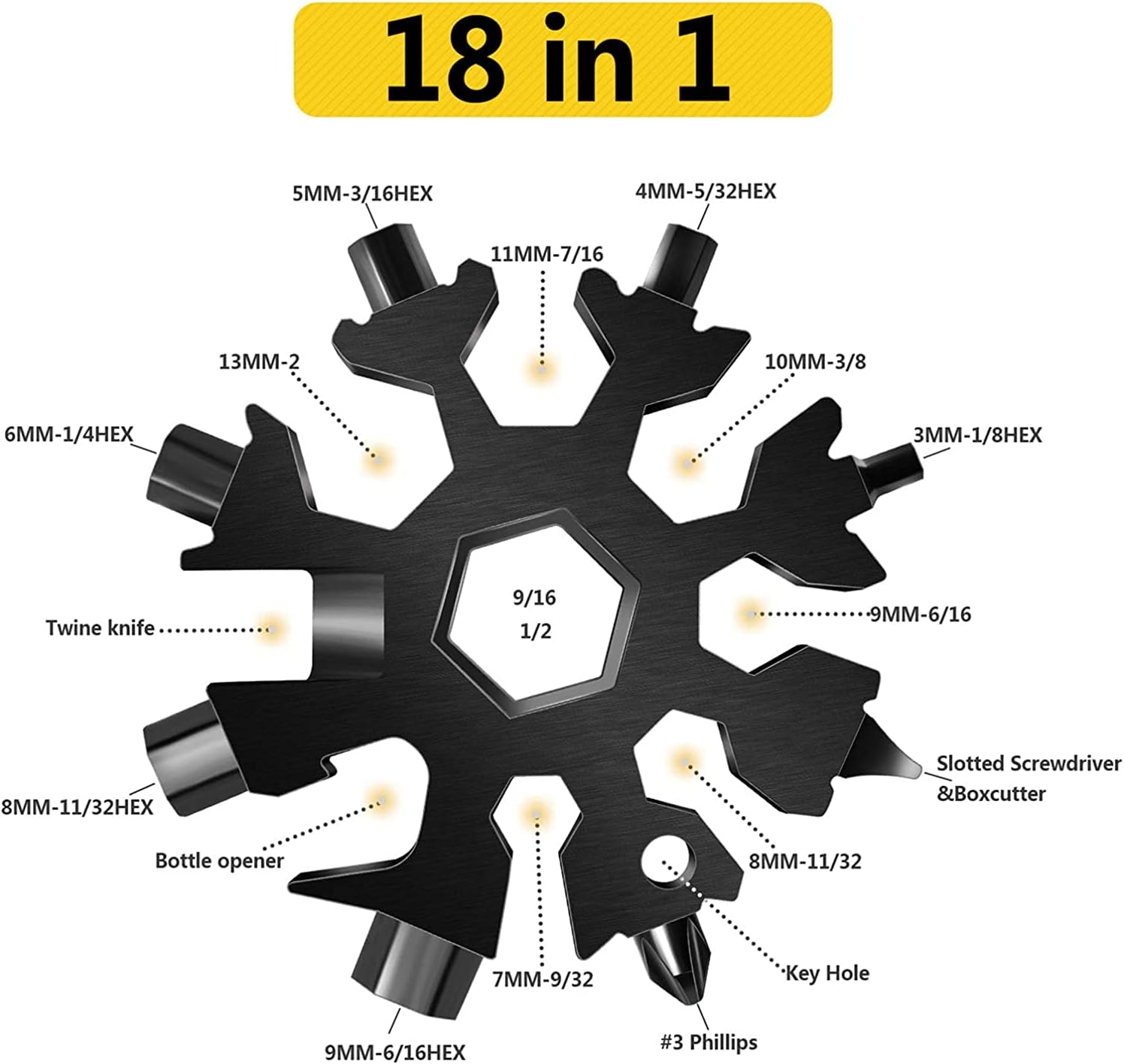 Snowflake Multi-Tool, 1 Pcs 18-in-1 Snowflake Tool Stainless Steel with Storage Bag, Key Ring and Eye Snap Clip (Black)
