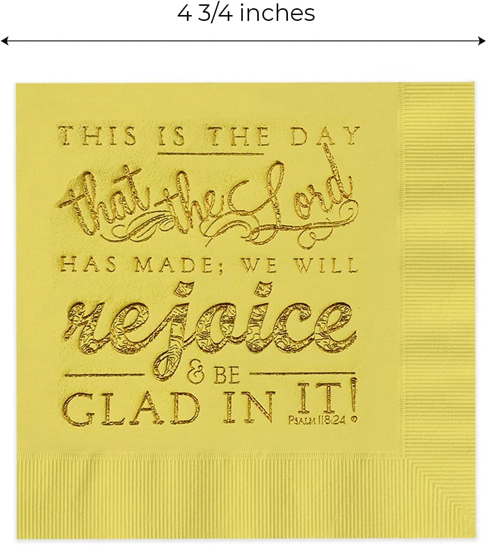 Yellow Scripture Napkins With Gold Inspirational Typography / 5" x 5" Easter Bible Verse Psalm 118:24/48 Religious 3 Ply Napkins/Christian Baptism And Confirmation Dinner Napkins