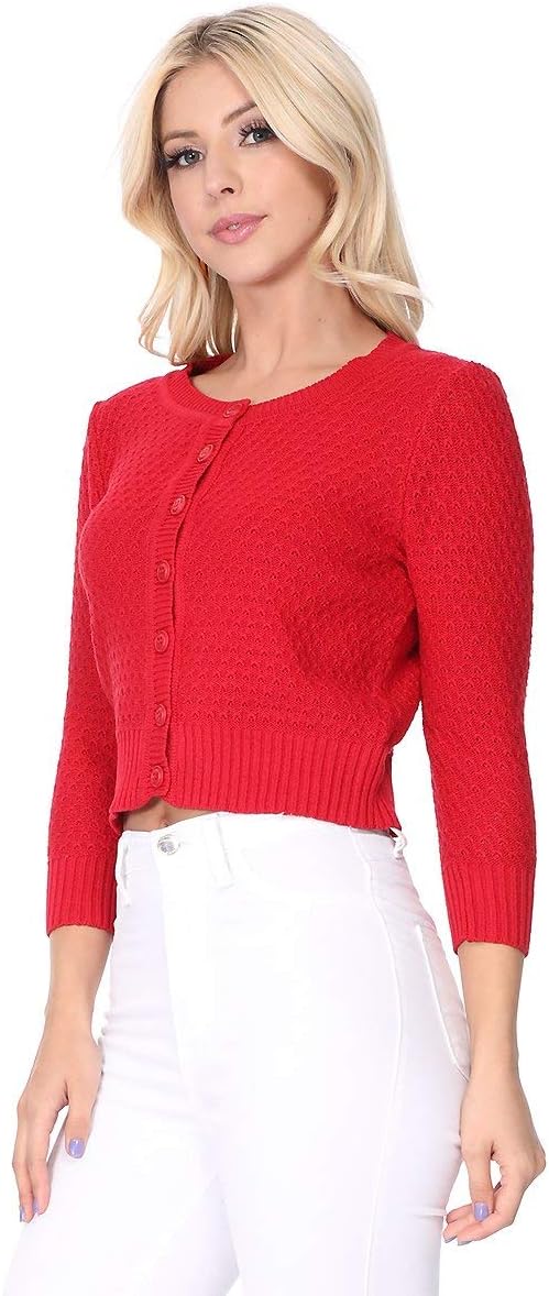YEMAK Women's Cropped Cardigan Sweater – 3/4 Sleeve Crewneck Basic Classic Casual Button Down Soft Crochet Knit Top (S-3XL) - Image 5