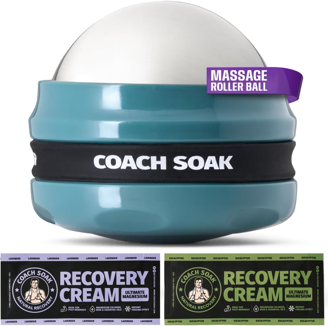 Coach Soak Massage Roller Ball – Dual Hot & Cold Stainless Steel CryoBall with Silicone Control Grip, Handheld Recovery Roller Glides Easily for Deep Tissue Massage – 2X Magnesium Cream Included