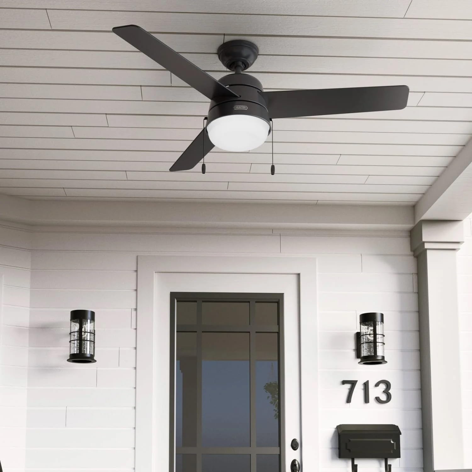 Hunter Fan 52 inch Contemporary Black Indoor/Outdoor Ceiling Fan with Light Kit and Pull Chain for Porch, Bedroom, Living Room, Office, Basement, Kitchen, Dining Room (Renewed)