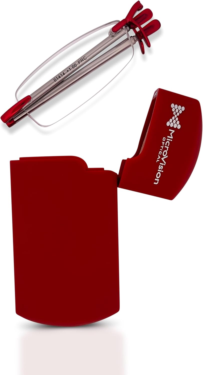 Executive Rimless Folding Reading Glasses With Compact Case For Women and Men, Slim, Lightweight Portable