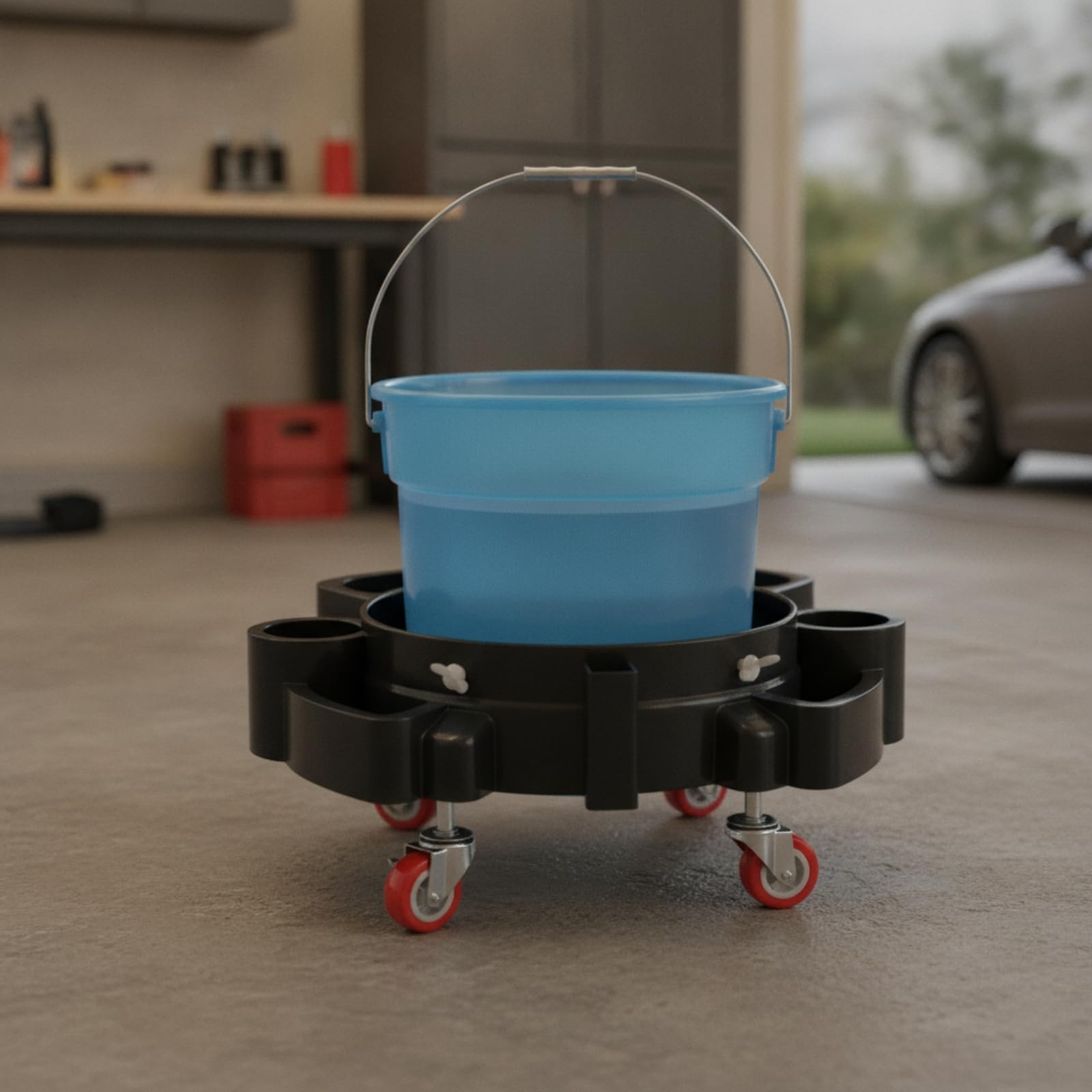 predolo Eimerhalter mit Rollen | Integrierte Flaschenhalter, Eimerständer mit Rollen, Leichtgängige Lenkrollen, Eimerwagen, für Fahrzeugaufbereitung,