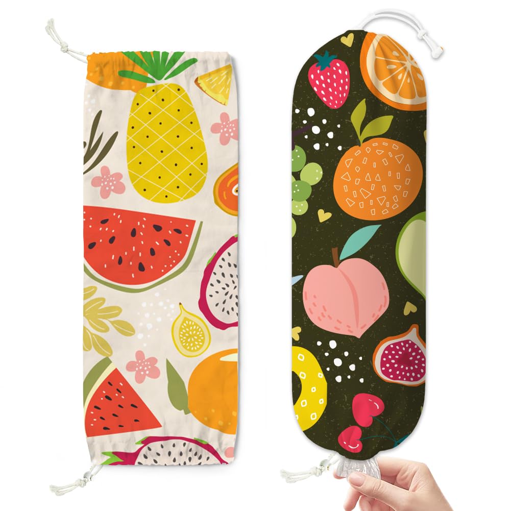 Doodlream 2PCS Tropical Fruit Plastic Bag Holder, Color Fruits Hanging Grocery Bag Organizer with Drawstring Bottom, 58.5 x 23 cm Kitchen Large Storage Bags Dispenser Canvas Reusable Washable