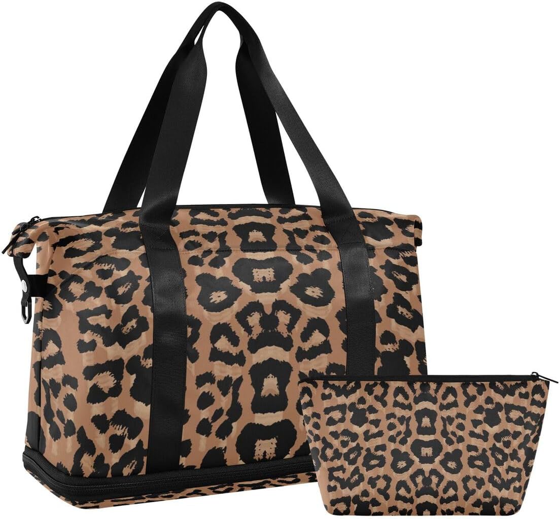 Bolaz Leopard Print Gym, Travel, Business, Yoga Duffel Bag with Wet Pocket, Shoes Compartment, Toiletry Bag, 17.3 x 8.7 x 15.5 inches