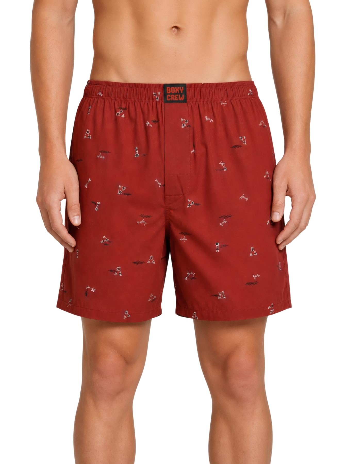 Men's Printed 100% Cotton Boxer Shorts | No-Mark Soft Elastic Waistband | Regular Comfort Fit with Dual Side Pockets & Button Fly | Brick Red-picture-25