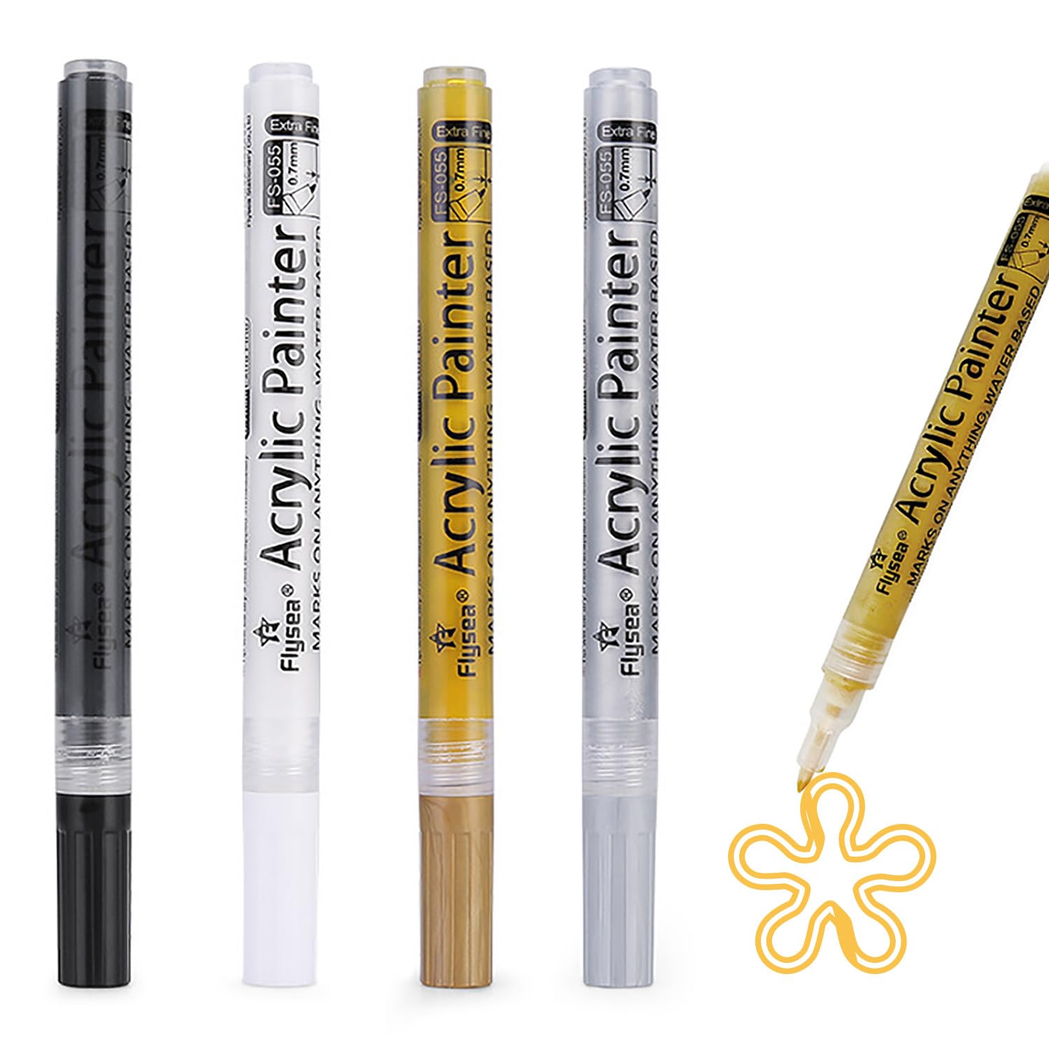 iLamdeetek 4 rotuladores de pintura acrílica, rotuladores de pintura metálica de 0,7 mm, rotuladores de pintura permanente blancos, negros, dorados y plateados, para pintar rocas, metal
