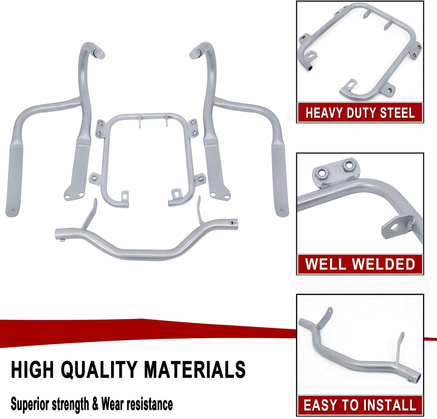 An image displaying various sections of the crash bar, with insets highlighting 'HEAVY DUTY STEEL' and 'WELL WELDED' features, and text stating 'HIGH QUALITY MATERIALS' and 'Superior strength & Wear resistance'.