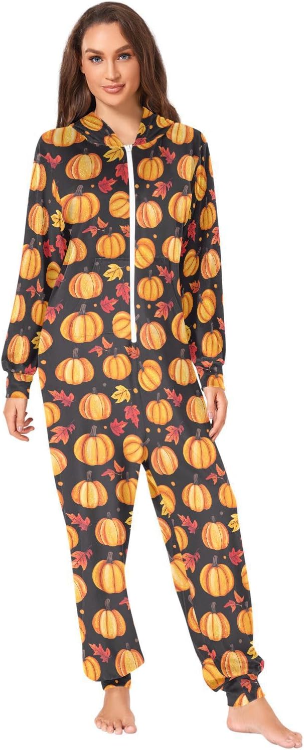 Thanksgiving Day Fall Leave Pumpkin Zipper Hooded Adult Jumpsuit Pajamas with Pockets XS-3XL