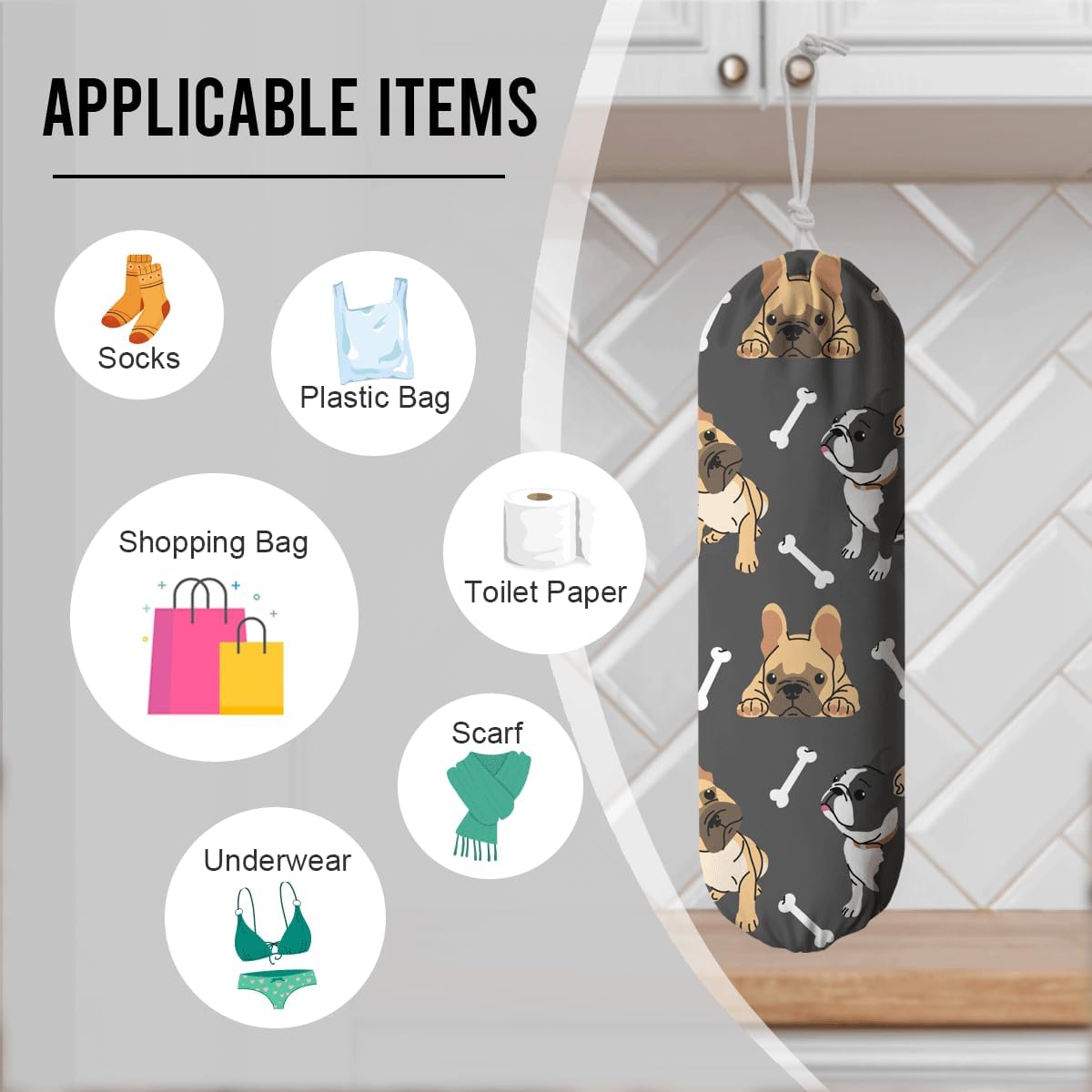 Dogs Plastic Bag Holder, Reusable Washable Shopping Bags Storage Carrier, Animal Prints Fabric Garbage Trash Bag Dispenser for Home Kitchen Pantry Cabinet, Wall Mount, Housewarming Gifts for Dog Mom image 3