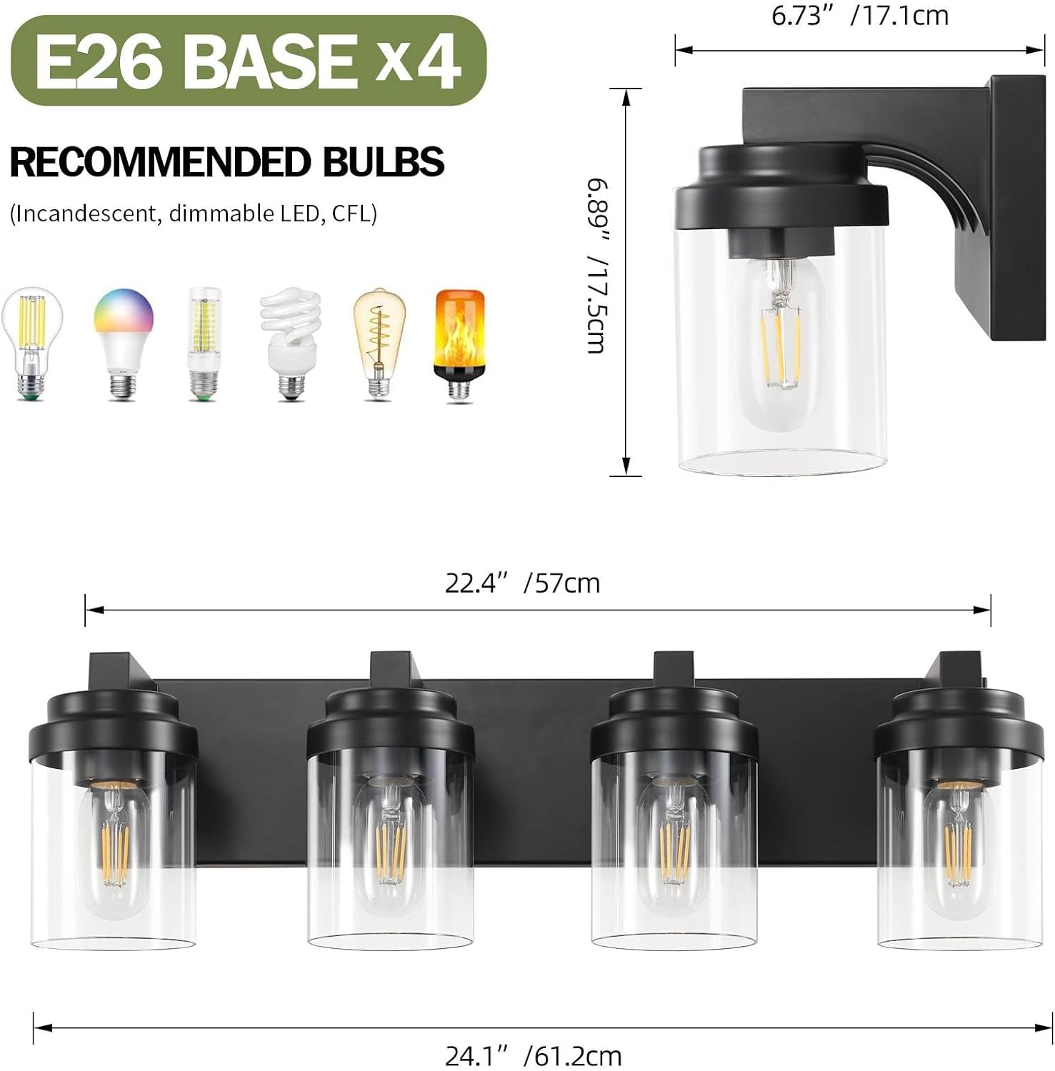 Bathroom Vanity Light, 4 Light Black Vanity Lights with Clear Glass Shade, Farmhouse Bathroom Vanity Lighting Fixtures Over Mirror for Living Room,E26