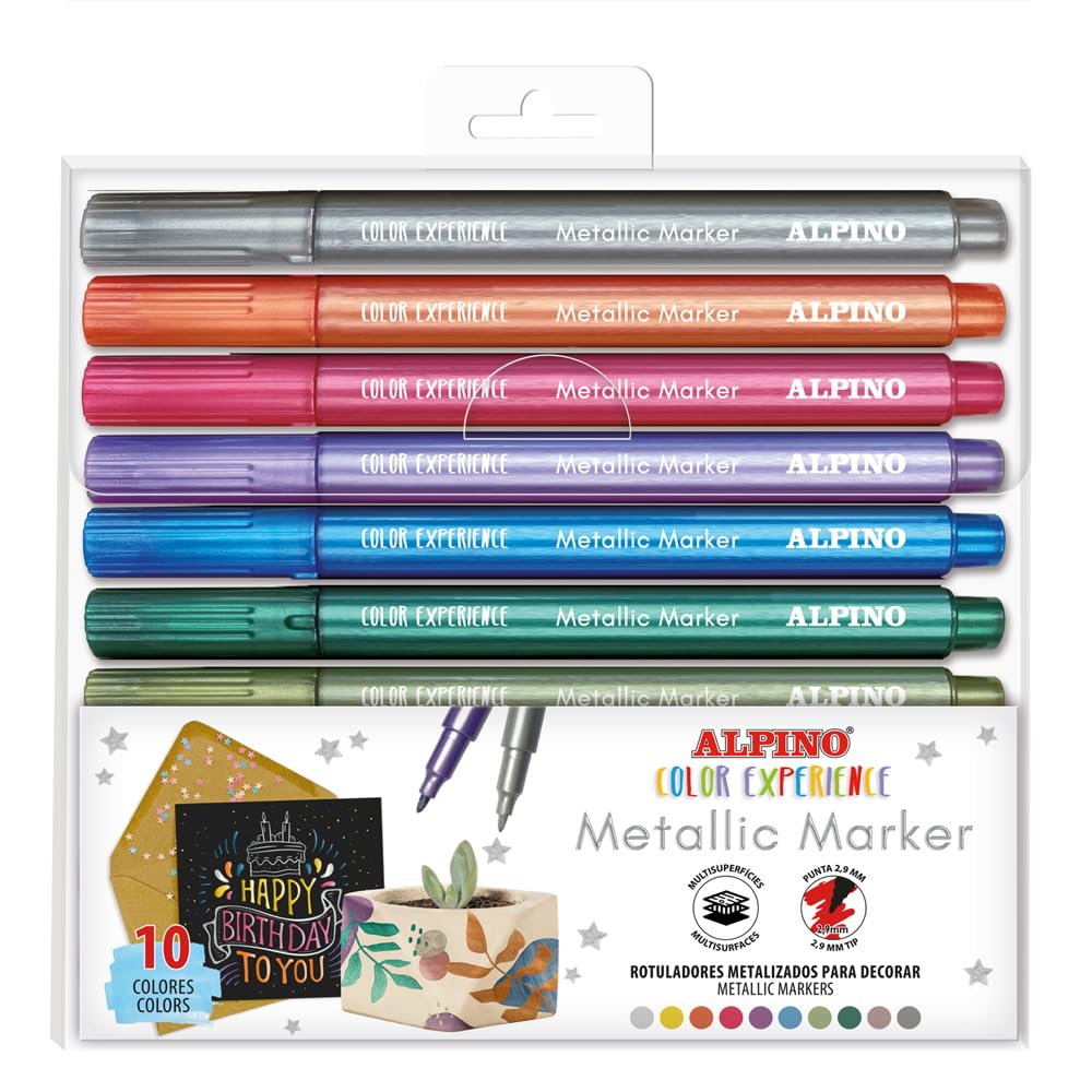 Alpino Estuche 10 rotuladores metalizados |Metallic Marker | Para decorar diferentes superficies | Punta 2,9mm |Permanente en superficies porosas y removible en superficies lisas