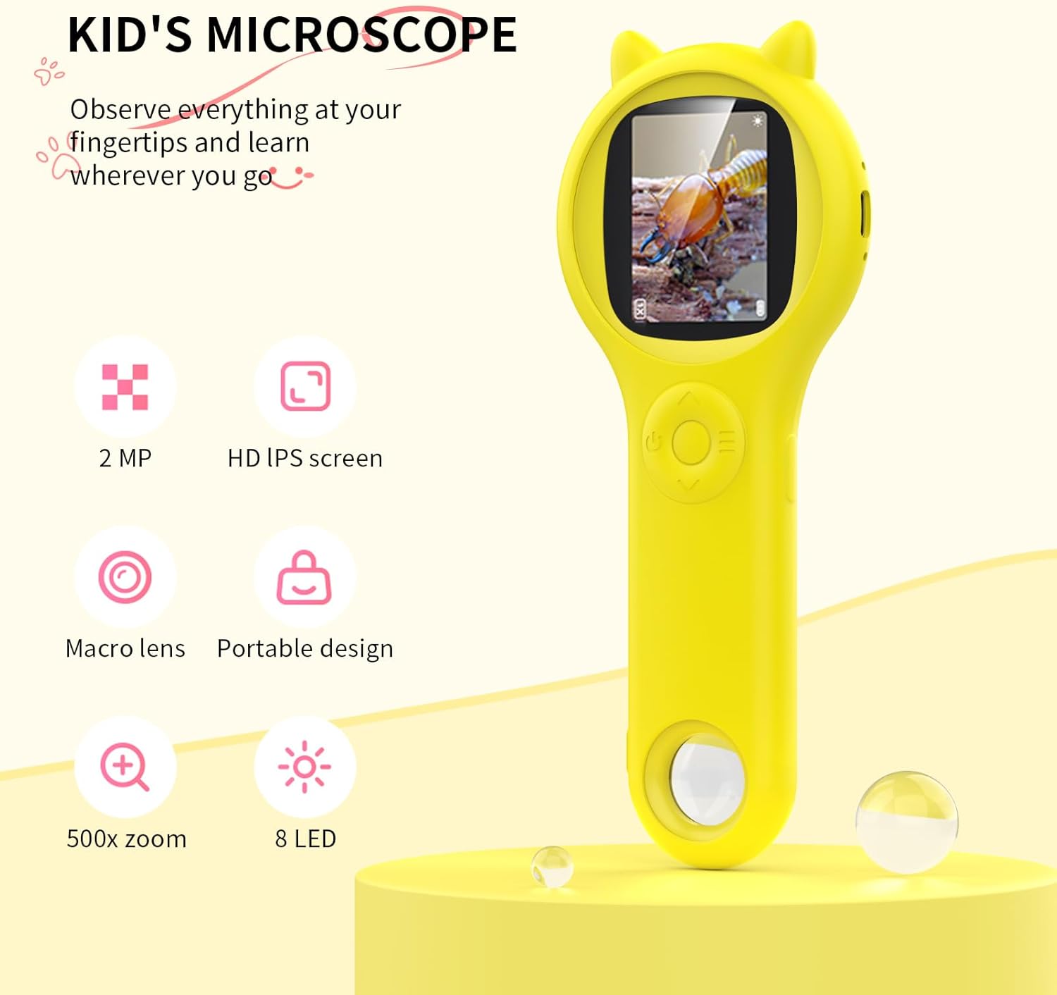 Kids Magnifying Glass Educational Science Kit - Mini LED Pocket Microscope for Kids(5-10 Years) - Durable Design - Ideal Gift for Girls (Yellow)