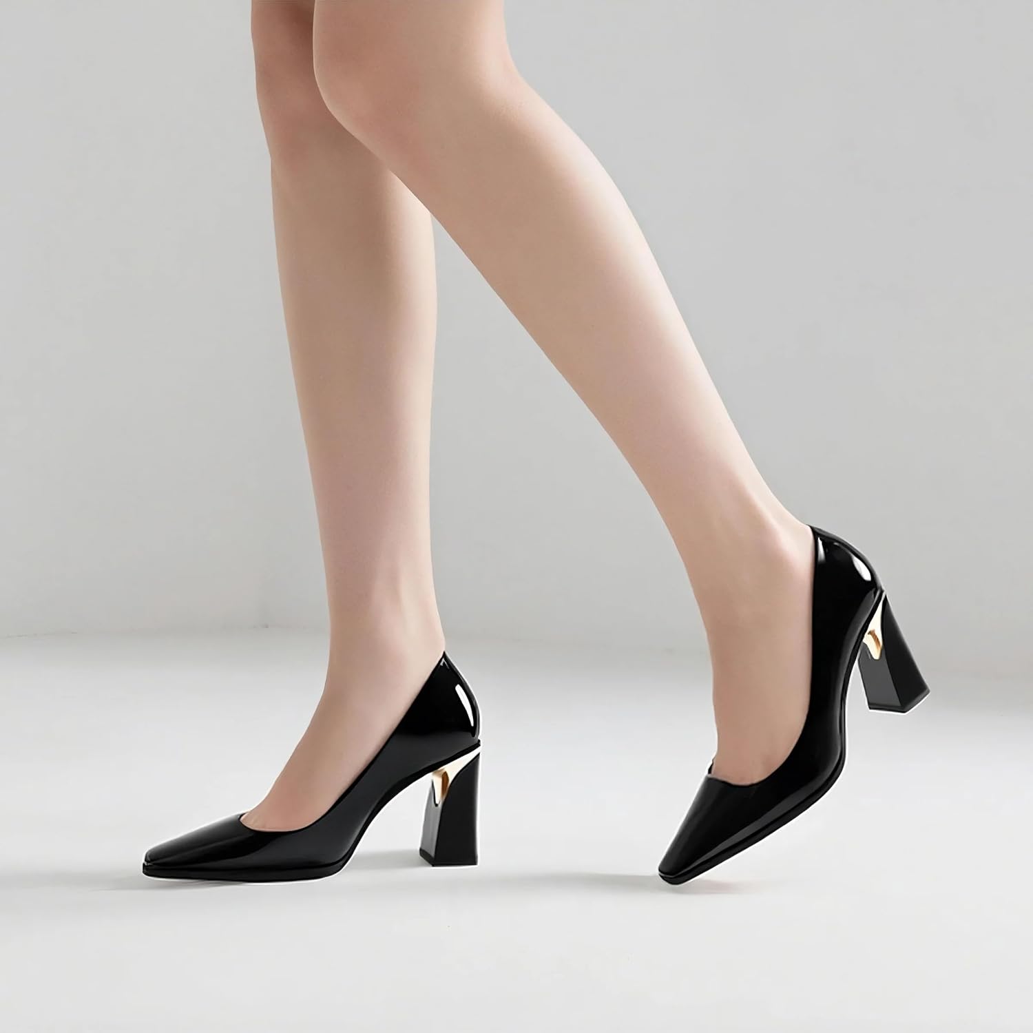 Womens High Heels,Patent Closed Square Toe Slip on Chunky Block Pumps,Elegant Heels,Daily Wedding Party Dress Shoes 3.5IN - Image 2