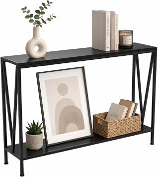 Console Table with Metal Frame, 2-Tier Narrow Sofa Table Shelf | Farmhouse Entryway Table, Compact Display Table, Easy Assembly for Living Room Hallway, 110L x 25W x 76H cm, Black