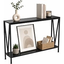 Console Table with Metal Frame, 2-Tier Narrow Sofa Table Shelf | Farmhouse Entryway Table, Compact Display Table, Easy Assembly for Living Room Hallway, 110L x 25W x 76H cm, Black
