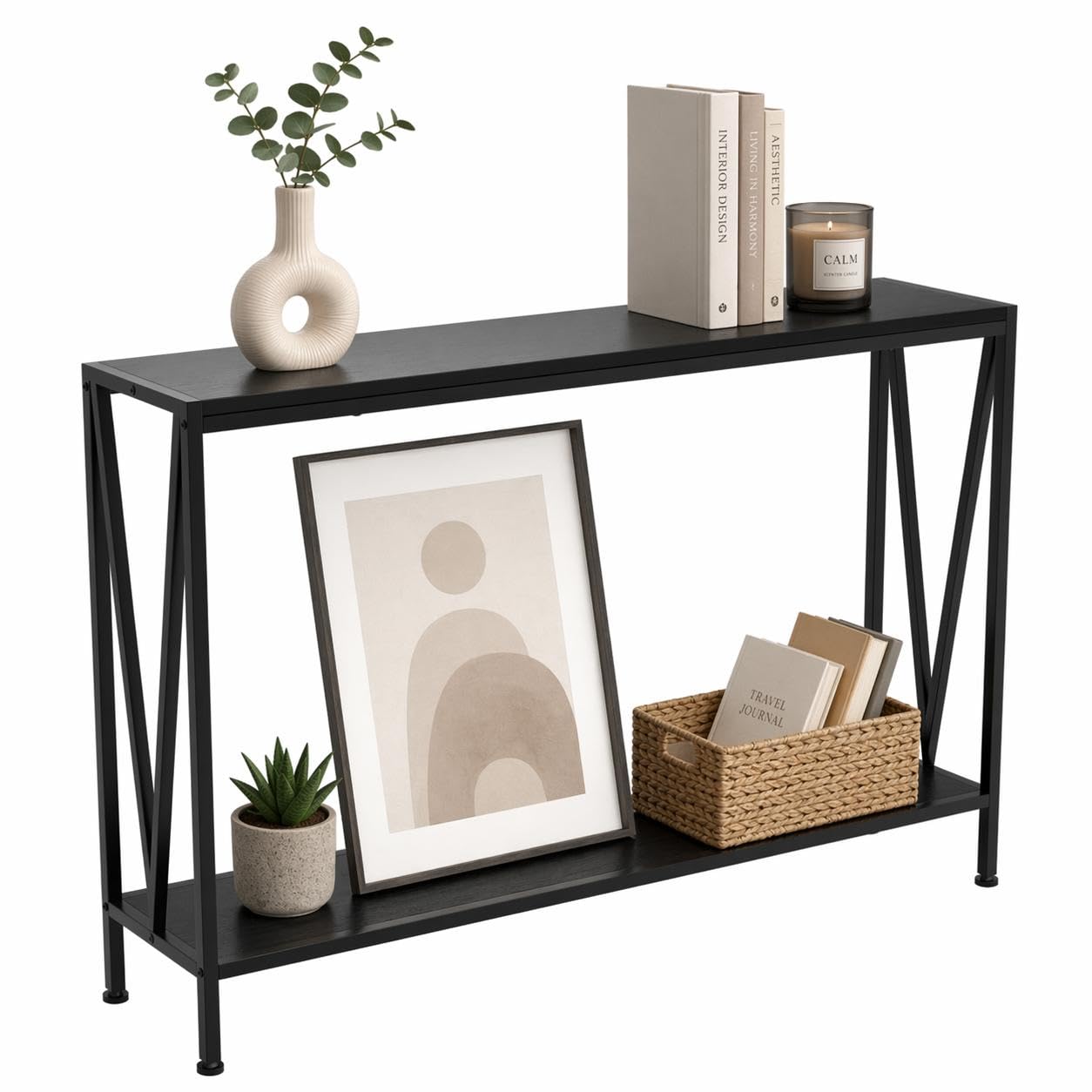 Mobeneno Console Table with Metal Frame, 2-Tier Narrow Sofa Table Shelf