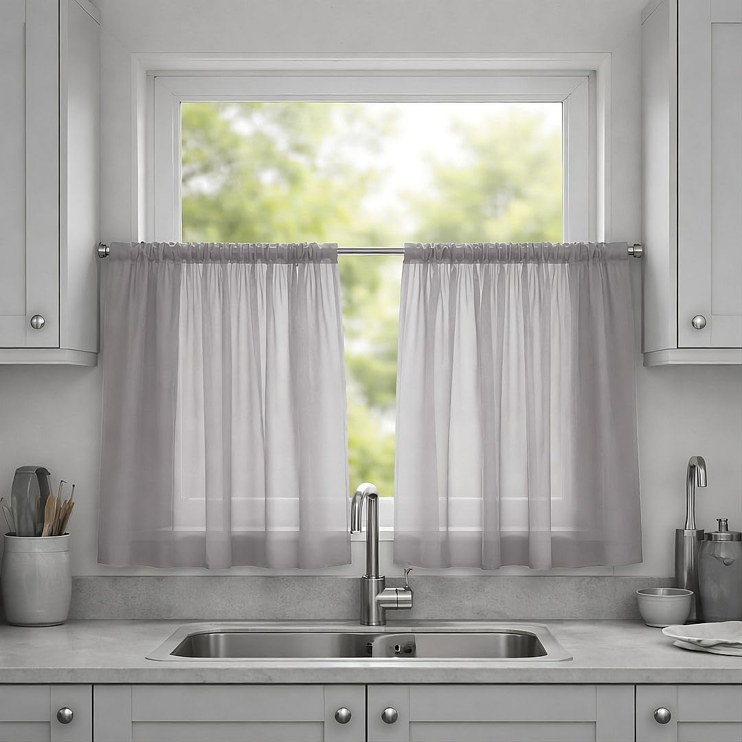 John Aird Lucy Voile Cafe Curtains - Rod Pocket Slot Top - Pair Net Curtains - 2 Panels (Silver, W 28" x L 36")