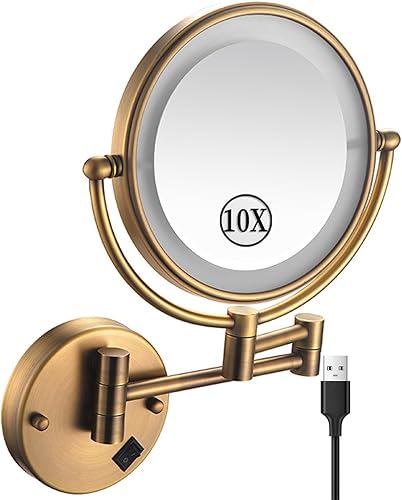 Espejo de maquillaje LED recargable con luces, espejo de aumento de doble cara 1X10X, espejo de latón montado en la pared USB de latón giratorio de