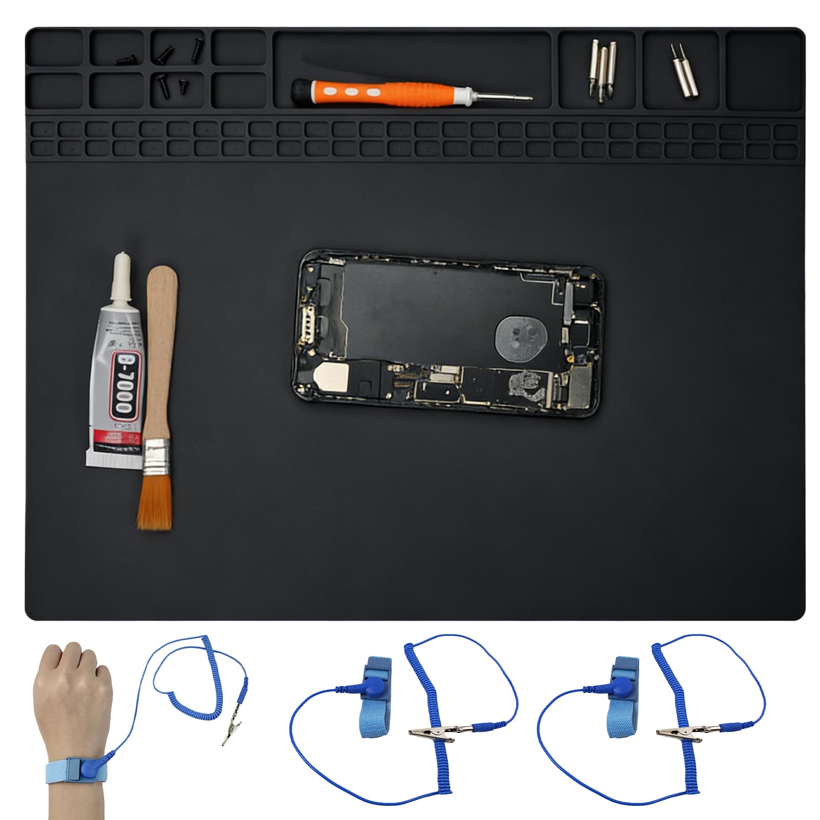 Tapis antistatique ESD pour l'électronique avec bracelet ESD et câble de terre, tapis de soudure ESD résistant à la chaleur, grande surface de travail pour ordinateur, ordinateur portable, téléphone