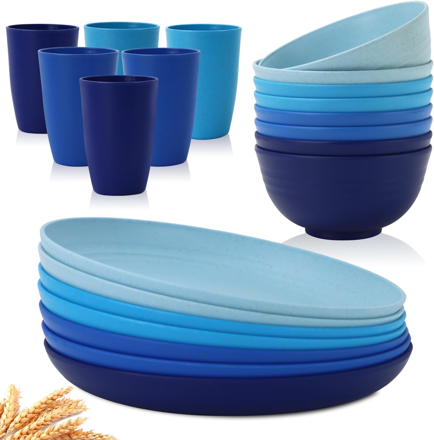 Homienly 10 inch Dinner Plates & 12 OZ Wheat Straw Cups & 26 OZ Salad Bowls-22 PCS Dinnerware Set Service for 6 Lightweight Plates and Bowls Set(Ocean Series)