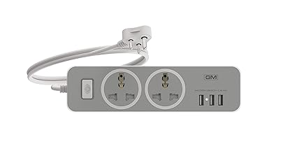 GM 3262 Cuba 3+1 Power Strip with Master Switch, Indicator, Safety Shutter, 2 International Sockets & 3 USB Ports 2.4A