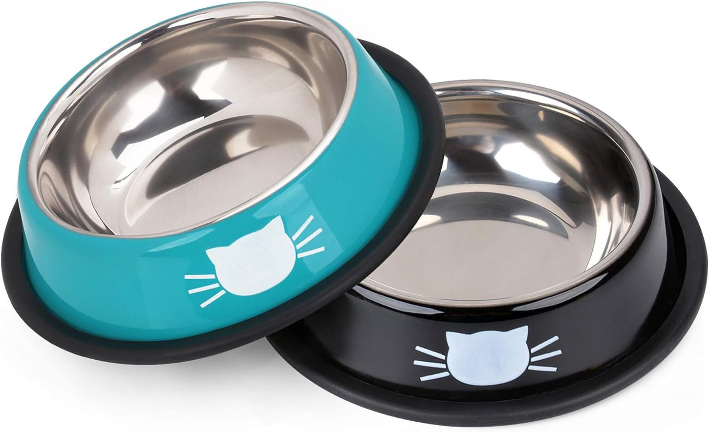 Legendog 2Pcs Cat Bowl Pet Bowl Stainless Steel Cat Food Water Bowl Non-Slip Rubber Base Small Pet Bowl Cat Feeding Bowls Set (Blue+Black)