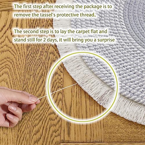 Image of Cotton Rope Rounds Rug with Tassels - Handwoven Bohemian Carpet for Living Room, Bedroom, Pooja & Home Decor, Soft & Washable Floor Mat, Soft Grey, 4x4 feet