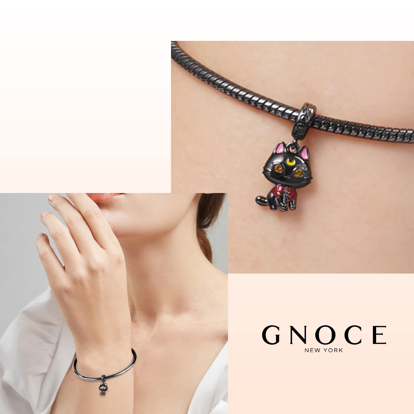 GNOCE Sweet Black Cat Charms 925 Sterling Silver Nero Placcato Ciondolo Ciondola Perline per Braccialetto di Fascino/Collana Gioielli Regalo Per Le Donne Ragazze Figlia