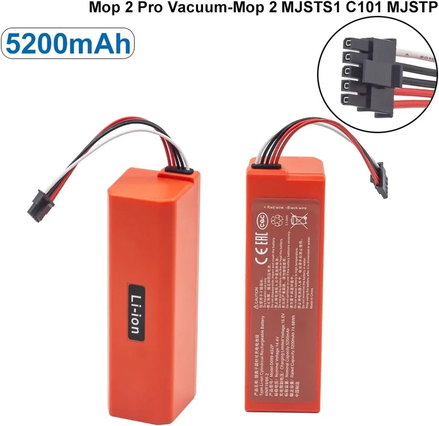 14.4V 5200mAh Robot Vacuum Cleaner Lithium Battery Pack D099-4S2P, Compatible for Xiaomi, Robot Vacuum-Mop 2 Pro Vacuum-Mop 2 MJSTS1 C101 MJSTP, Vacuum Cleaner Parts