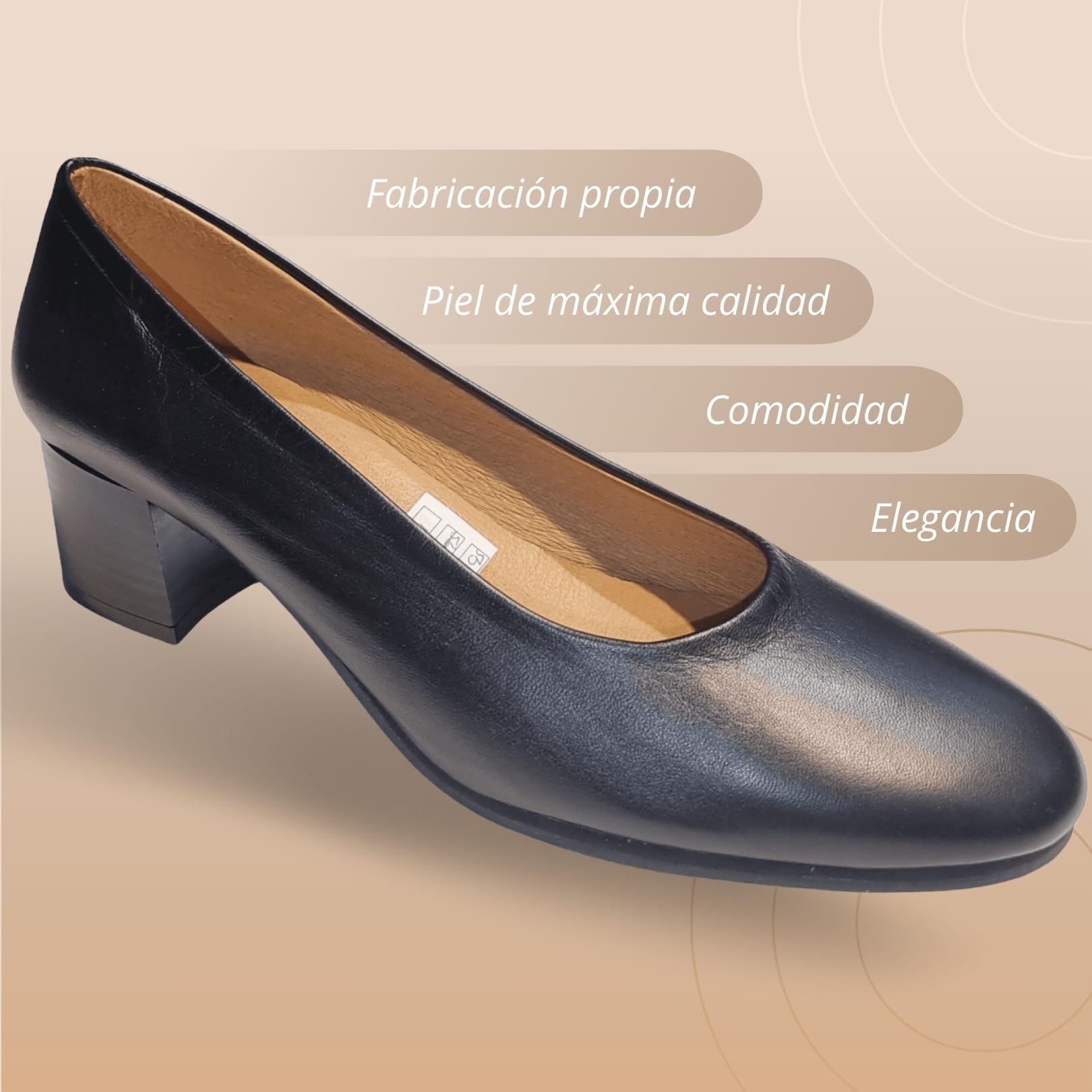 Zapatos de Salón Fausta para Mujer Cómodos 24 Horas, Zapatos de Piel Fabricación Propia Hecho en España, Tacón Bajo y Ancho, Calidad y Estilo Clásico, para Azafatas y Profesionales