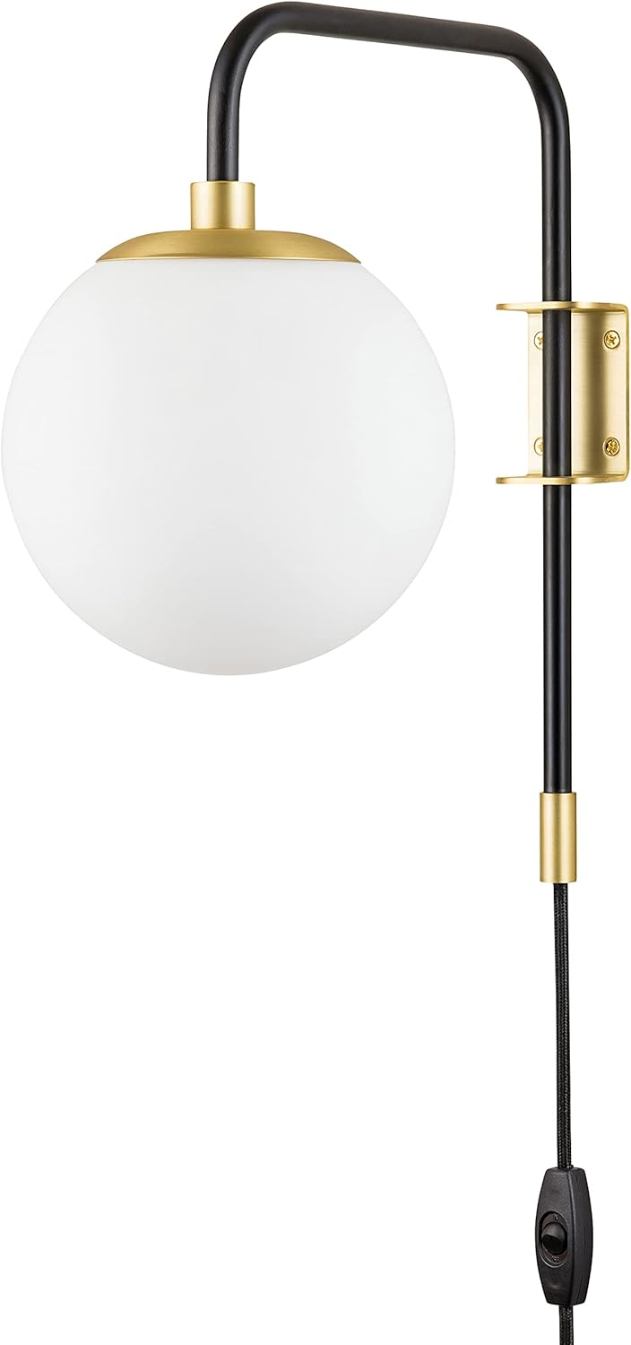Linea di Liara Caserti Black and Gold Plug in Wall Sconce Wall Lighting Modern Frosted Glass Globe Plug Wall Lamp with Plug in Cord Swing Arm Wall Mounted Bedside Lamp with On/Off Switch Wall Light