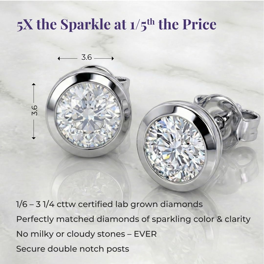 Bezel Set Diamond Stud Earrings for Women | 1/6-5 Carat Lab Grown Studs | 14K White and Yellow Gold | Certified by Gemologists | GH Color and VS-SI Clarity | Secure & Comfortable Pushback Posts