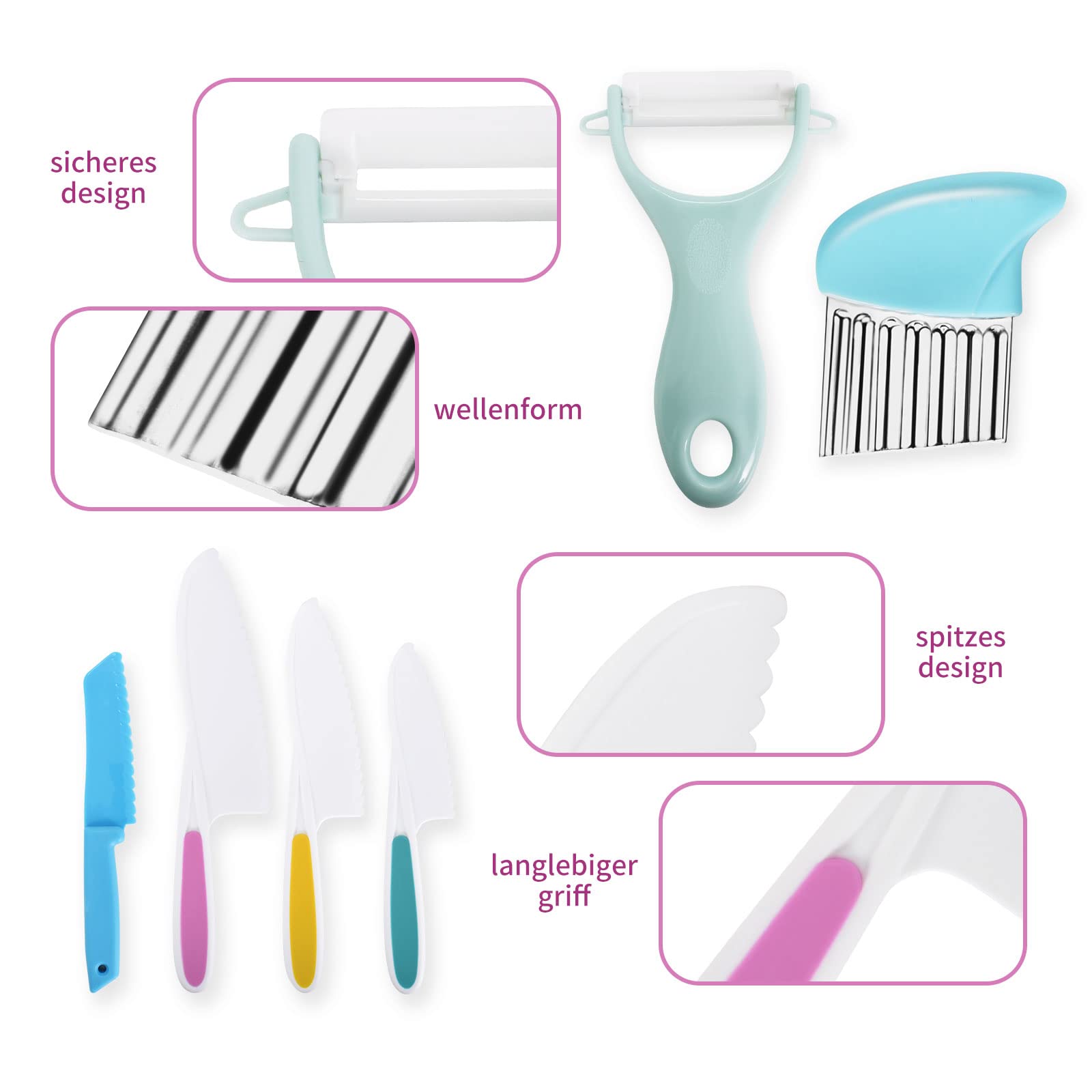 Set Coltelli Da Cucina Per Bambini 8 Pezzi, Coltelli Montessori In Plastica E Metallo, Grembiule E Pelapatate, Sicuri Per Piccoli Chef - 2