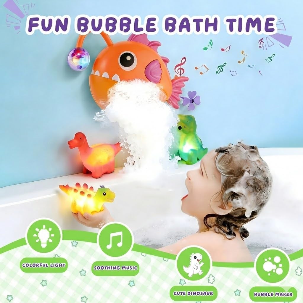 Baby Bath Toys for Toddlers, Light Up Fish Bubble Machine with 3 Dinosaur Water-Activated Toys, Shower Bathtub Toys for Kids Ages 3-8, Birthday Gift Easter for Boys Girls (Red)