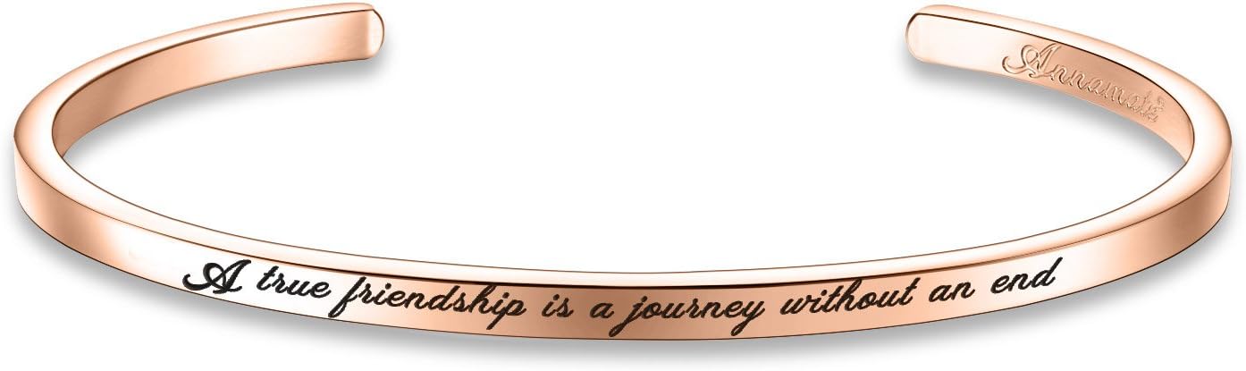 Inspirational Quote Bar Bracelet Engraved Message Bracelets, Cuff Bracelets, Women Jewelry (A True Friendship is a Journey Without an end - Rose Gold)
