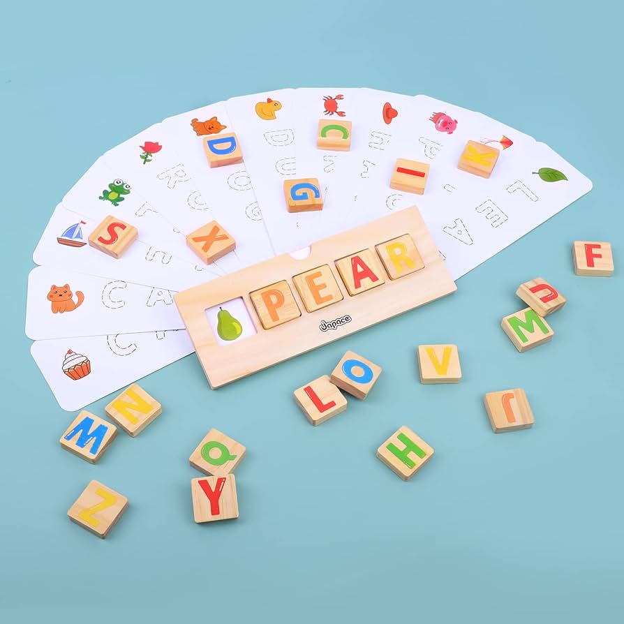 Wood Spelling Blocks, Matching Letter Toy Flash Cards, 8.07x4